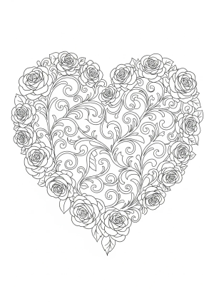 A romantic scene featuring a large ornate heart surrounded by lush roses and gentle swirling patterns.