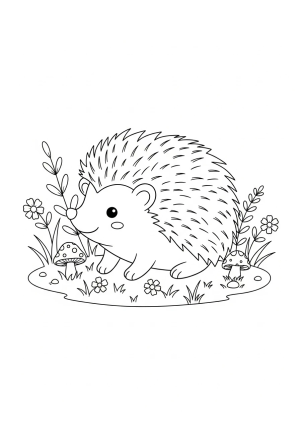 A cute hedgehog sitting on a patch of grass surrounded by blooming flowers and a tiny mushroom, with a smiling face and spiky fur details