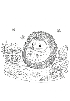 A playful hedgehog rolling into a ball while exploring a whimsical forest ground filled with scattered leaves, mushrooms, and small insects