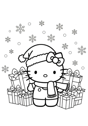 A festive Hello Kitty dressed in a cozy Santa hat and scarf, surrounded by snowflakes and Christmas presents, set in a cheerful holiday scene