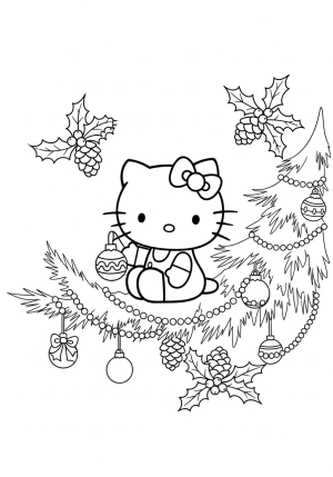 Hello Kitty sitting on a decorated Christmas tree branch holding a tiny ornament, with holly and pinecones around her in a charming winter setting