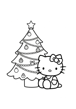 A cute Hello Kitty sitting happily next to a decorated Christmas tree adorned with ornaments and a star on top
