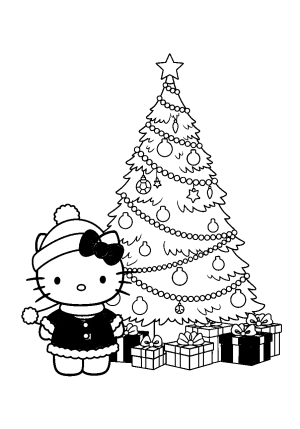 Hello Kitty dressed in festive winter clothes, standing beside a beautifully decorated Christmas tree with presents underneath
