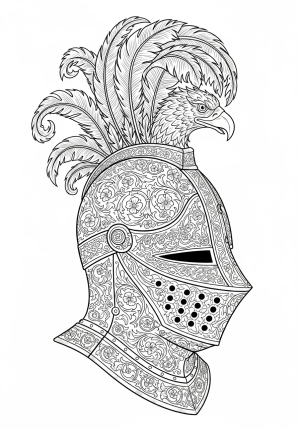 A detailed medieval knight helmet with intricate engravings and feathers.