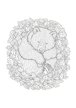 A cozy bear curled up in a nest of leaves and branches, peacefully sleeping during hibernation