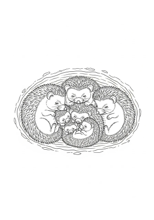 A family of small hedgehogs nestled together inside a burrow, resting during winter hibernation