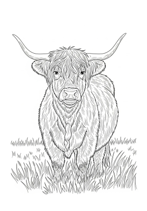 A detailed line drawing of a Highland cow standing in a grassy field with its characteristic long, shaggy hair and curved horns.