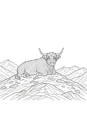A Highland cow with a fluffy coat resting on a hilltop, surrounded by rocky terrain and simple mountain outlines in the background.