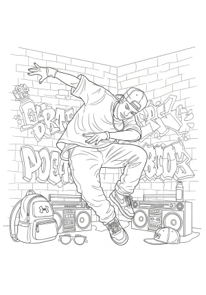 A dynamic scene featuring a hip hop dancer performing a powerful move in front of a graffiti-covered wall with boomboxes and streetwear accessories in the background