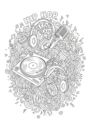 An intricate composition of a turntable, microphone, and headphones surrounded by musical notes and street art elements, capturing the essence of hip hop culture