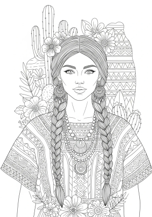 An intricate portrait of a Hispanic woman in traditional dress with detailed patterns, jewelry, and cultural motifs in the background