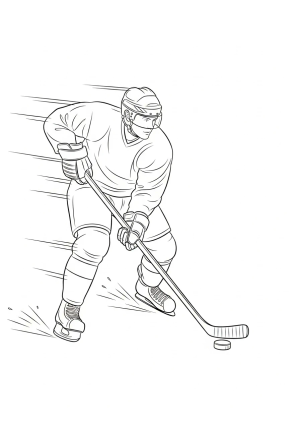 A fierce hockey player skating swiftly on the ice with a puck ready to shoot, surrounded by dynamic motion lines