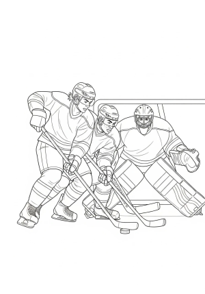An intense hockey game scene showing players battling for control of the puck near the goal with a goalie poised to block the shot