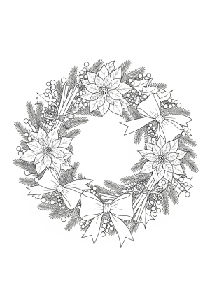 A vibrant holiday wreath adorned with poinsettias, cinnamon sticks, and ribbon bows, set against a simple background