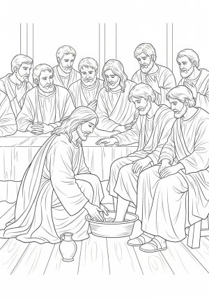 A detailed scene of Jesus gently washing the feet of his disciples during the Last Supper, with intricate facial expressions and flowing robes