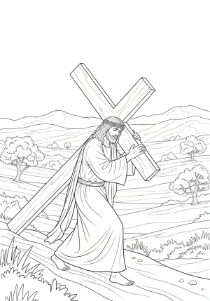 A peaceful depiction of Jesus carrying his cross through a desert landscape, surrounded by distant hills and scattered trees