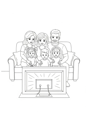 A living room scene with a family gathered around a TV, watching a movie together.