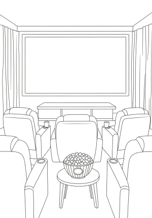 A cozy home theater setup with comfy chairs, a large screen, and a popcorn bowl on a table.