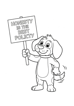A friendly animal character holding a sign that says 'Honesty is the Best Policy' with a gentle smiling face.