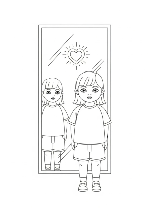 A child standing confidently in front of a mirror with a shining heart symbol above their head, representing honesty and self-truth.