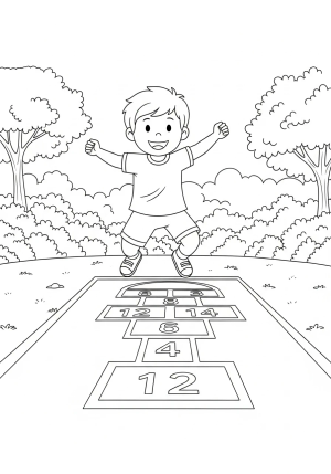 A cheerful child jumping on a classic hopscotch court with numbered boxes in a sunny outdoor park setting