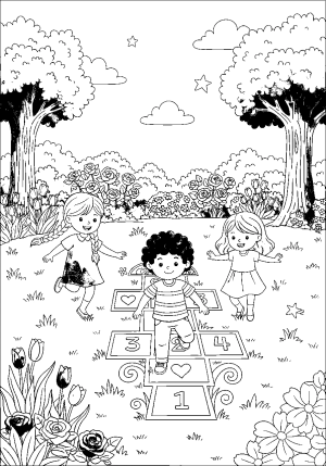 A playful scene of children hopping through a whimsical hopscotch pattern surrounded by trees and flowers in a lively backyard garden