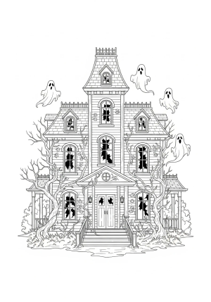 A spooky haunted mansion with broken windows, overgrown vines, and ghostly apparitions floating around it