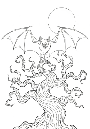 A sinister-looking vampire bat with outstretched wings perched atop a twisted, gnarled tree under a full moon
