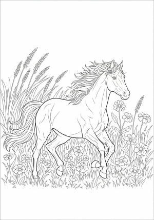 A majestic horse galloping through a lush field with flowing mane and tail, surrounded by wildflowers and tall grass