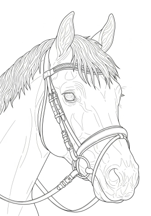 A detailed close-up of a horse's face with expressive eyes, intricate bridle, and a beautifully textured mane