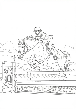 An elegant horse mid-air over a decorated jump with a focused rider guiding it, set against a scenic countryside background.