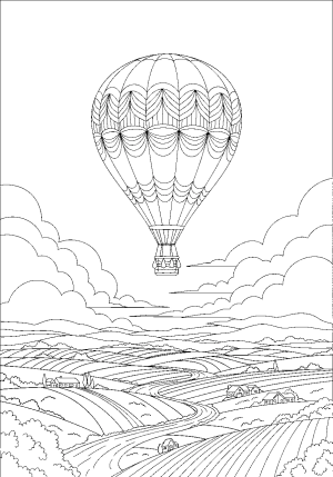 A detailed hot air balloon floating high in the sky, with intricate patterns on the balloon and a scenic landscape below.