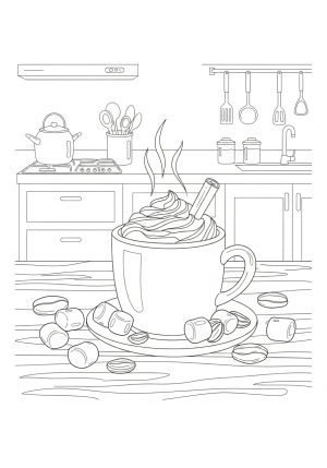 A cozy mug of hot chocolate topped with whipped cream and a cinnamon stick, surrounded by marshmallows and cocoa beans, with a steaming aura in a charming kitchen setting