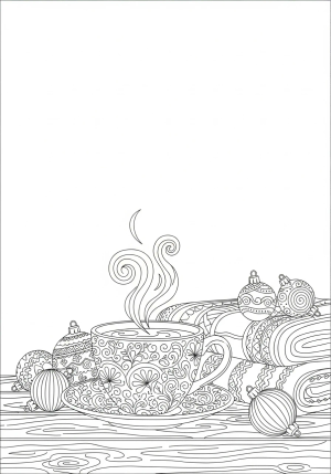 A detailed scene of a hot chocolate cup with swirling steam and decorative patterns on the mug, placed on a rustic wooden table alongside holiday ornaments and cozy blankets