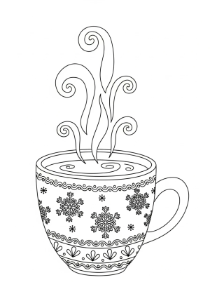 A cozy hot cocoa mug with steam swirling above, decorated with snowflakes and holiday patterns