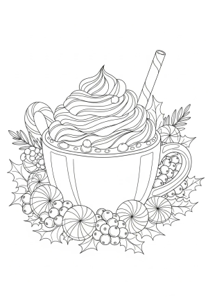 A detailed illustration of a hot cocoa mug topped with whipped cream, surrounded by peppermint candies and winter berries