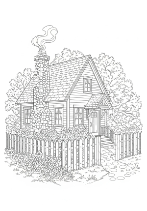 A cozy cottage with a chimney, surrounded by flowers and a picket fence, in a detailed line drawing style