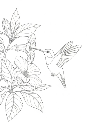 A delicate hummingbird hovering near a blooming flower with intricate details on the wings and surrounding foliage.