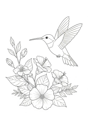 A graceful hummingbird in flight above a garden of detailed flowers and leaves, showcasing elegant wing patterns.