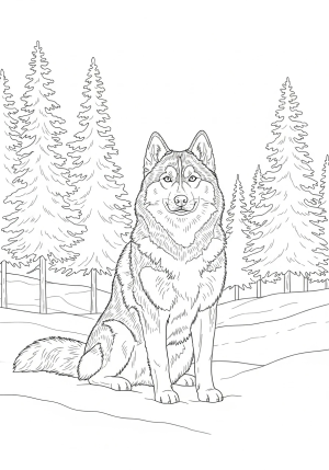 A fluffy husky dog sitting proudly on a snowy landscape with pine trees in the background