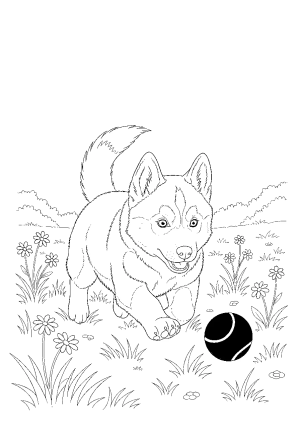 A playful husky puppy chasing a ball in a grassy field with wildflowers surrounding it
