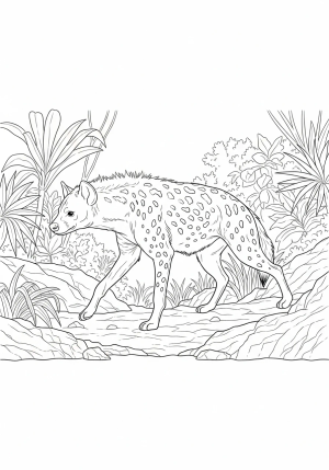 A wild hyena prowling through a jungle setting with dense foliage and rocks, illustrated in a black and white outline.