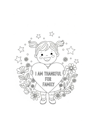 A joyful child holding a heart-shaped sign that says 'I am thankful for family', surrounded by flowers and stars