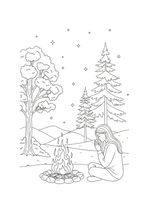A cozy scene of a person sitting by a campfire, with trees and stars in the background, expressing gratitude in a peaceful setting