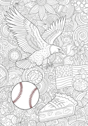 A bustling scene featuring iconic American symbols such as an eagle, a baseball, and a slice of apple pie arranged together with decorative patterns