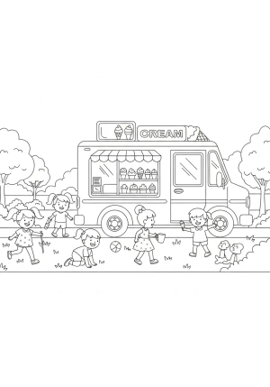 A whimsical ice cream truck parked by a cheerful park with children playing nearby, featuring large windows and an awning full of treats