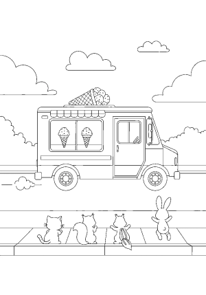 A vintage-style ice cream truck driving down a sunny street, with clouds in the sky and a few playful animals watching from the sidewalk
