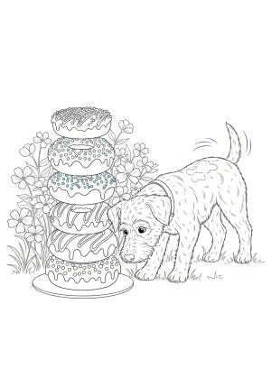 A playful scene of a curious dog sitting beside a stack of colorful donuts with sprinkles and icing, in a whimsical garden setting