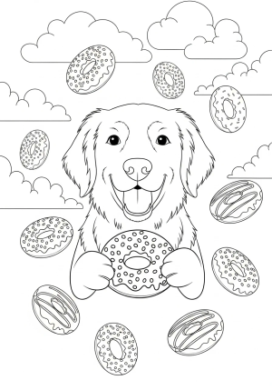 A happy dog with a big smile, holding a donut in its paws, surrounded by scattered donuts and playful clouds in the sky