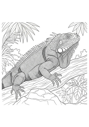 A detailed illustration of an iguana perched on a rocky branch, with textured scales and leafy jungle surroundings in the background